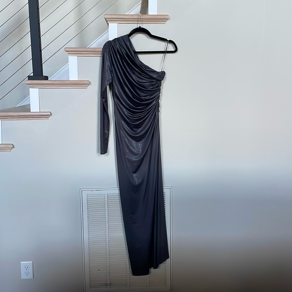 ZARA one shoulder maxi dress shiny gray